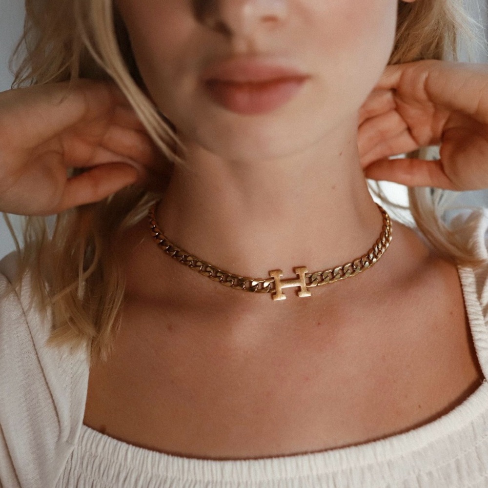 New H Letter Choker Necklace Stainless Steel, 18K Gold Plated Chain Necklace